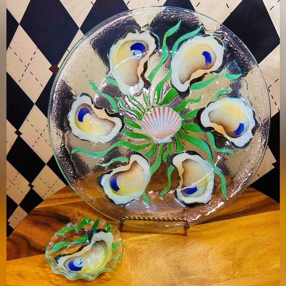 Oyster Shell Motif Fused Glass Platter & Bowl Set — Iridescent Coastal Art Glass - Picture 14 of 16